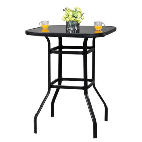 Black Wrought Iron Glass High Bar Table (Color: BLACK)
