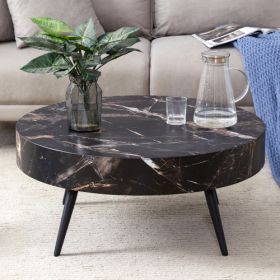 31.5 Black Marble-Patterned MDF Round Coffee Table With Black Metal Legs.Adjustable Feet,Coffee Table,Round Table Design,MDF Material,Black Marbl (Color: BLACK)