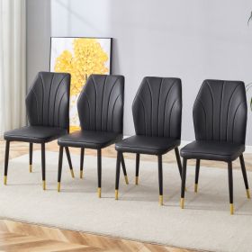 4 Modern Dining Chairs With Stylish PU Patterned Backrest And Black Metal Legs For A Comfortable Home Experience In The Kitchen, Bedroom And Offi (Color: BLACK)