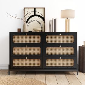 Modern Cannage Rattan Wood Closet 6-Drawer Dresser Wood Storage Cabinet Sideboard For Bedroom, Livin (Color: BLACK)