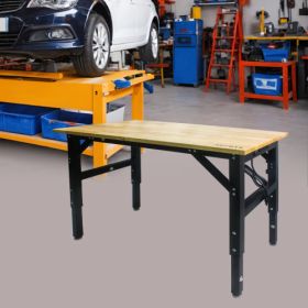 Metal Adjustable Worktable With Socket And Wooden Top (Color: BLACK)