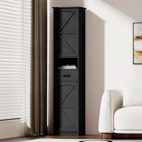 69 H Tall Bathroom Storage Cabinet With 2 Barn Doors And 1 Drawer, Narrow Storage Unit, Adjustable Shelves,Floor Cabinet For Bathroom, Living Roo (Color: BLACK)